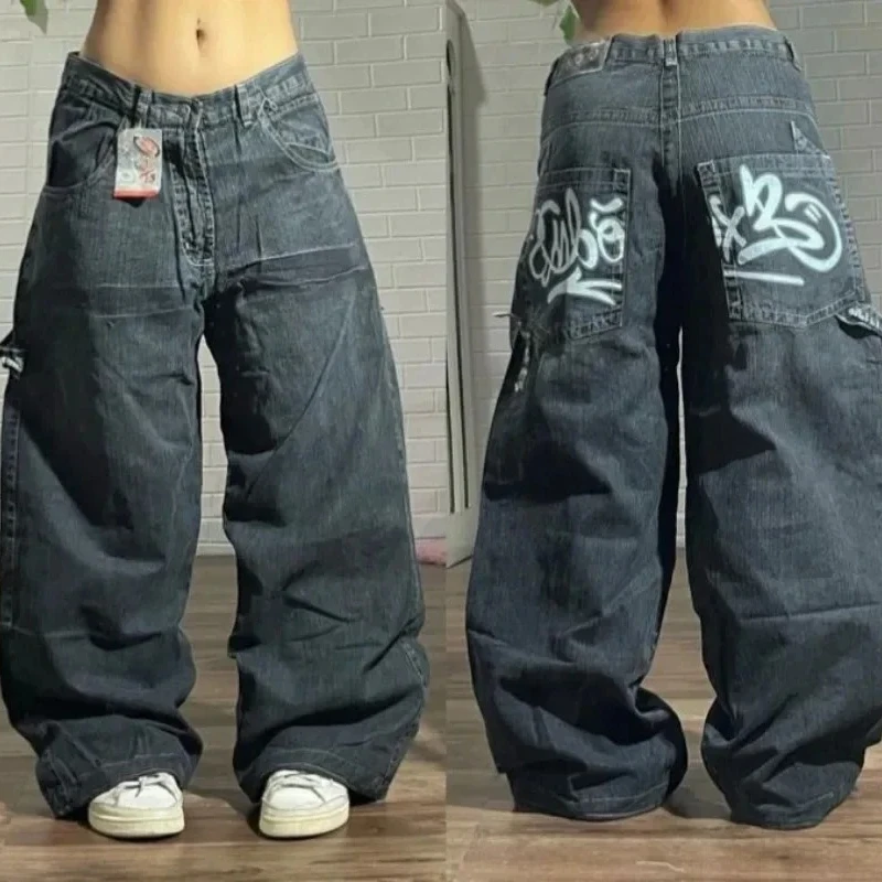 American Hip Hop Retro Gothic Print Jeans Women Y2K New Street Selling Fashion Loose Straight Wide Leg Pants Unisex Joker Jeans