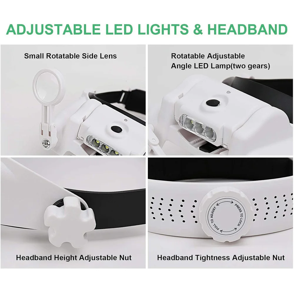 Headband Magnifying Glass Rechargeable Handsfree Head Mount Magnifier 6 Detachable Lens Visor Loupe Tool For Close Work