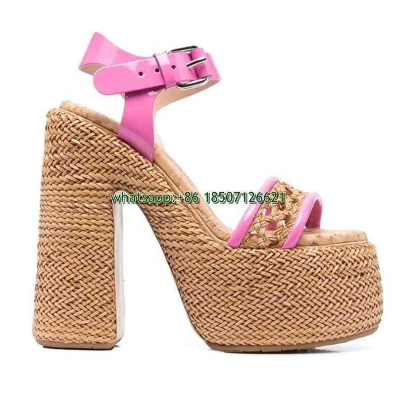 Braided Espadrille Thick Heel Platform Open Toe Sandals Ankle Buckle Round Toe High Heels For Women