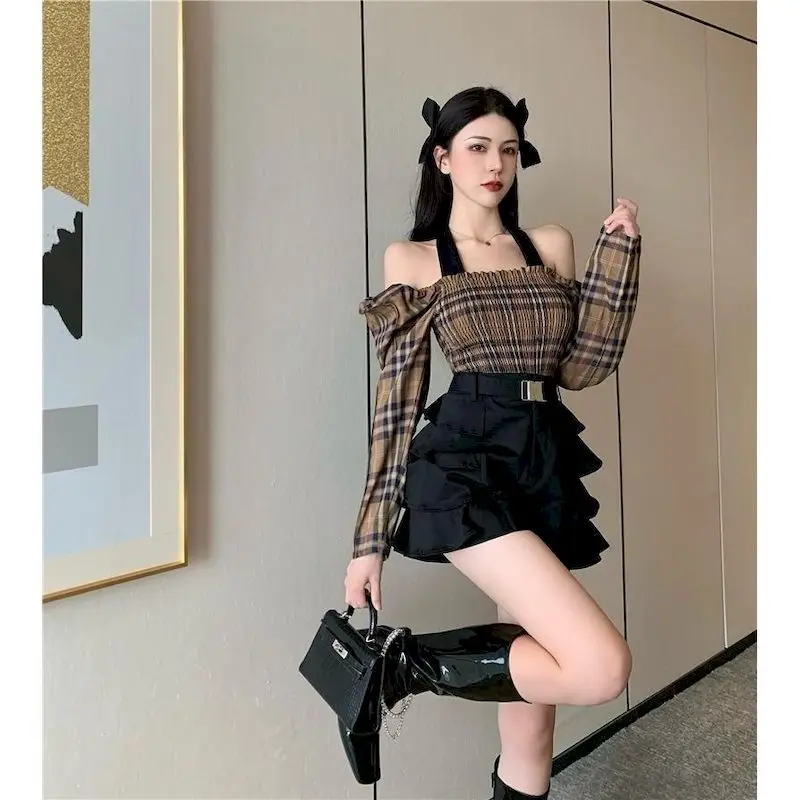 Fashion Short Plaid Blouses Sets Women Niche Square Collar One-shoulder Halter Neck Chic Long-sleeved Shirt Shorts 2 Piece Set