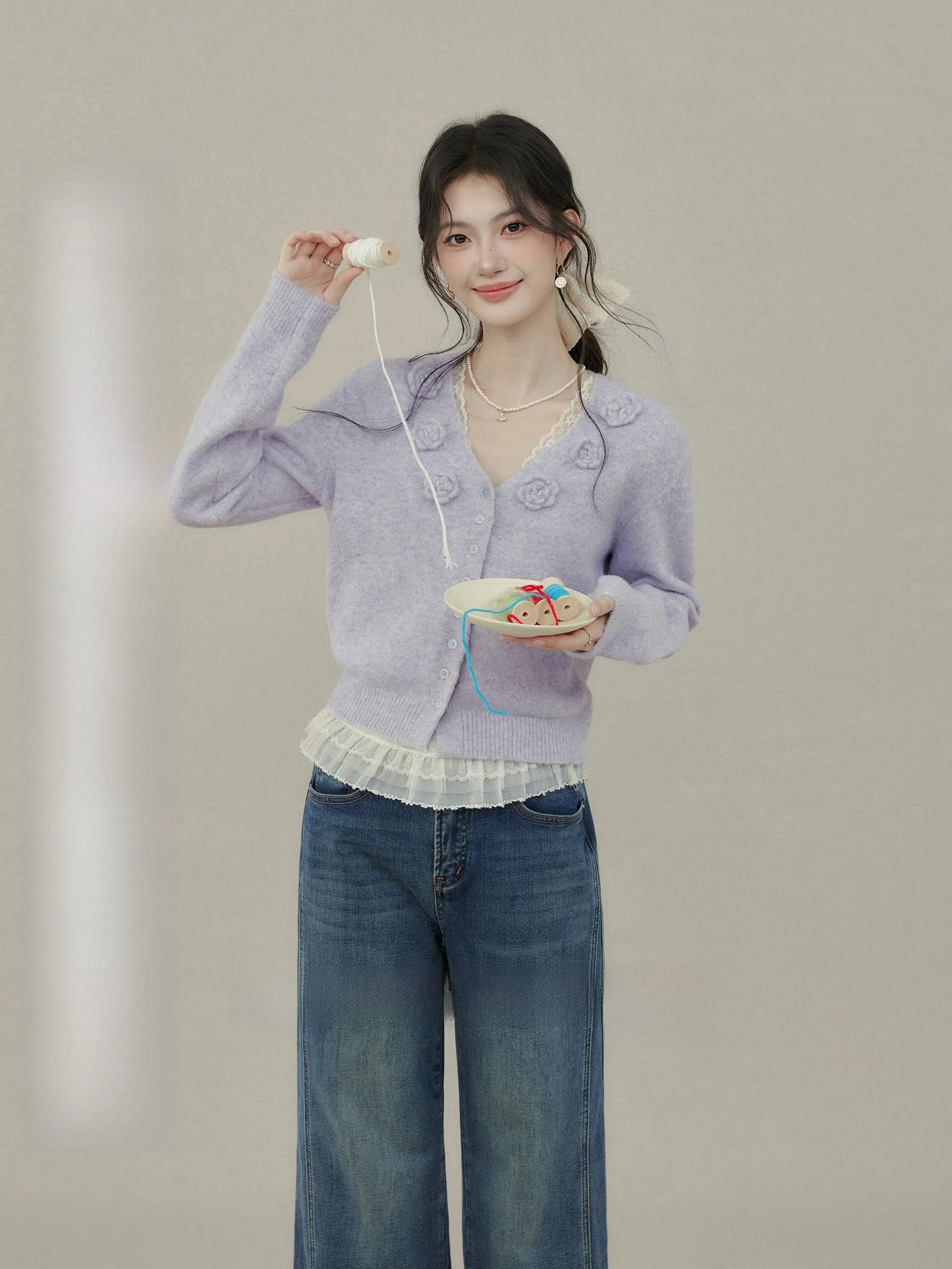 

Purple V-ne Sweater Soft Cozy Loose Knitted Outerwear for Plump Women Comfortable Casual Sle Commute Faion Straight Cut