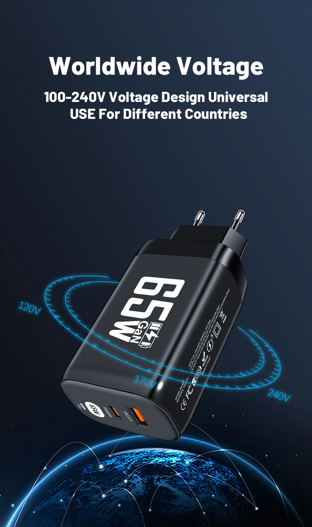 65W GaN Charger Quick Charge 4.0 3.0 Type C PD USB Charger for iPhone 15 14 13 Pro Max Fast Charger 2C1A For Laptop PD Charger