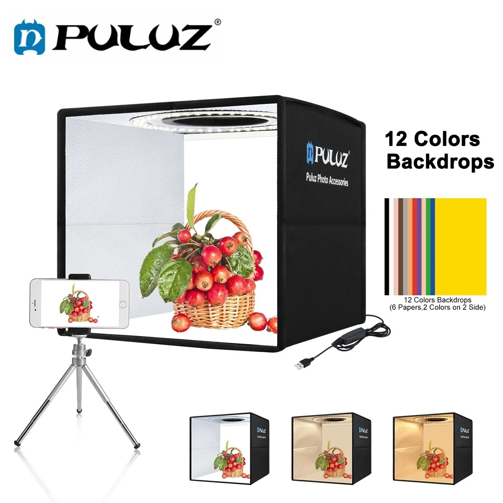 

Puluz Mini Photo Studio Light Box,Photo Studio Shooting Tent Box Kit,Large Photography Lightbox With 6/12 Color Backdrop Softbox