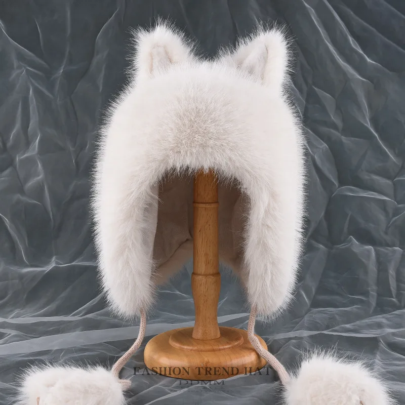 Neue einfache Katzenohren-Lai-Feng-Mütze für Männer und Frauen, koreanische Version, warme Winter-Ohrenschutzmütze, süße und niedliche Plüsch-Bombermütze. – Detail 2
