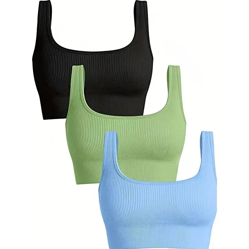 Yoga Basic Seamless Breathable 3pcs Ribbed Knit Solid Sports Bra