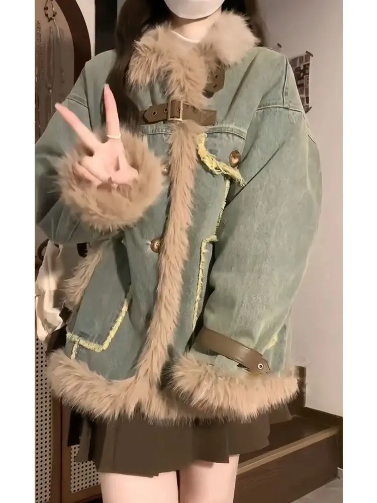 

Denim Coat With Fur And Hood Plush Womens Autumn Ultra-Short Collared Lace-Up Minimalism College Style Daily Sashes Geometric OL