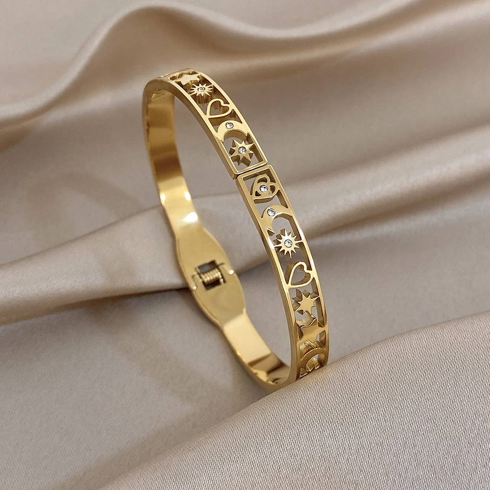 Greatera Heart-shaped Moon Star Shape Rhinestone Spring Bracelet For Women Men Classic Hollow Out Design Waterproof Open Bangle