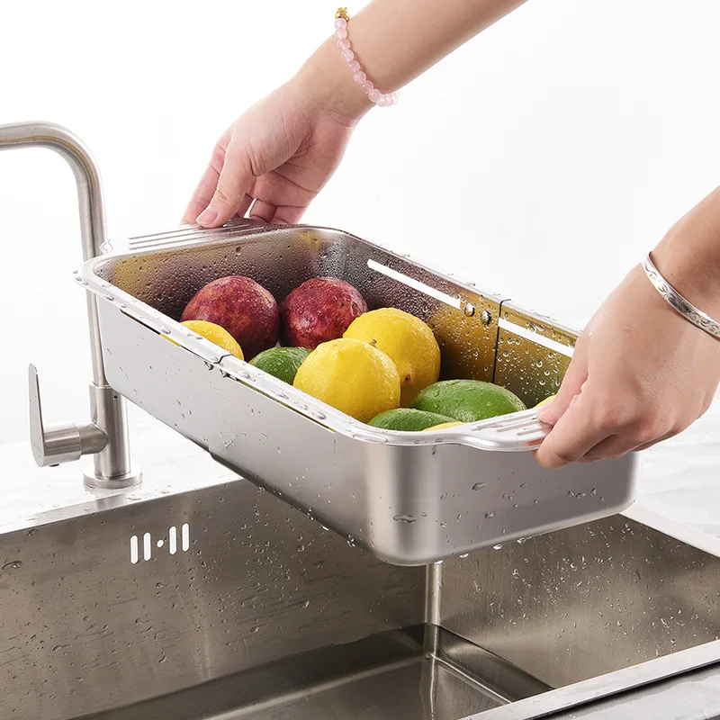 

1pc, 304 Stainless Steel Collapsible Sink Colander For Kitchen Sink Food Grade Over The Sink Strainer Extend Kitchen Basket