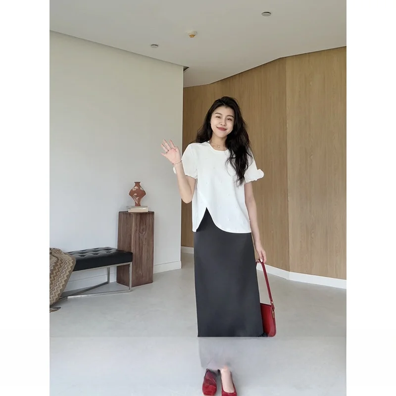 

Zhang a Xing Summer Passion Loose White T High Waist Satin Me Splice f Skirt Set Petal Sve Sequin Floral Print Casual...