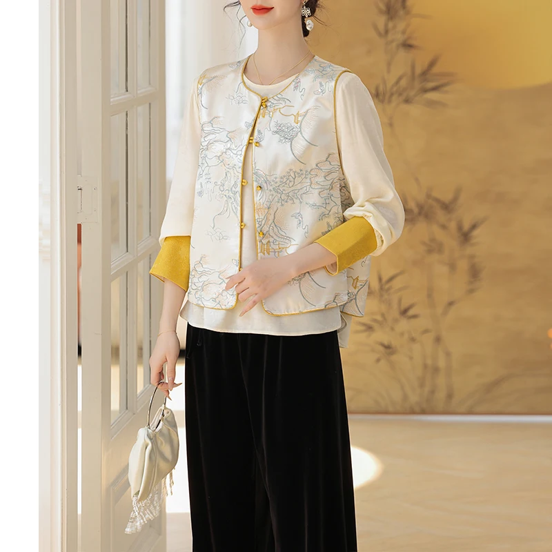 

Женский модный жилет-куртка Ele Mom в новом китайском стиле, комплект в национальном стиле, новая модель 2025 года, для женщин среднего и старшего возраста, весна-осень