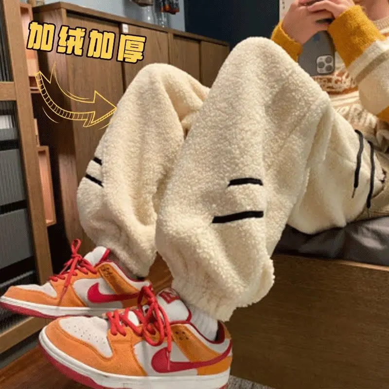 

Зимние брюки из овечьей шерсти для мужчин, теплые повседневные утепленные спортивные брюки для бега в рубчик, свободные уличные морозостойкие флисовые брюки