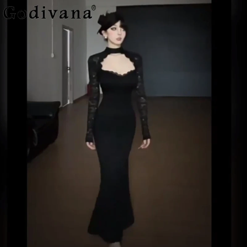 

Элегантное французское сексуальное черное платье с открытой спиной на шнуровке и длинными рукавами «рыбий хвост», женское весенне-осеннее кружевное корейское тонкое платье для банкета и вечеринки