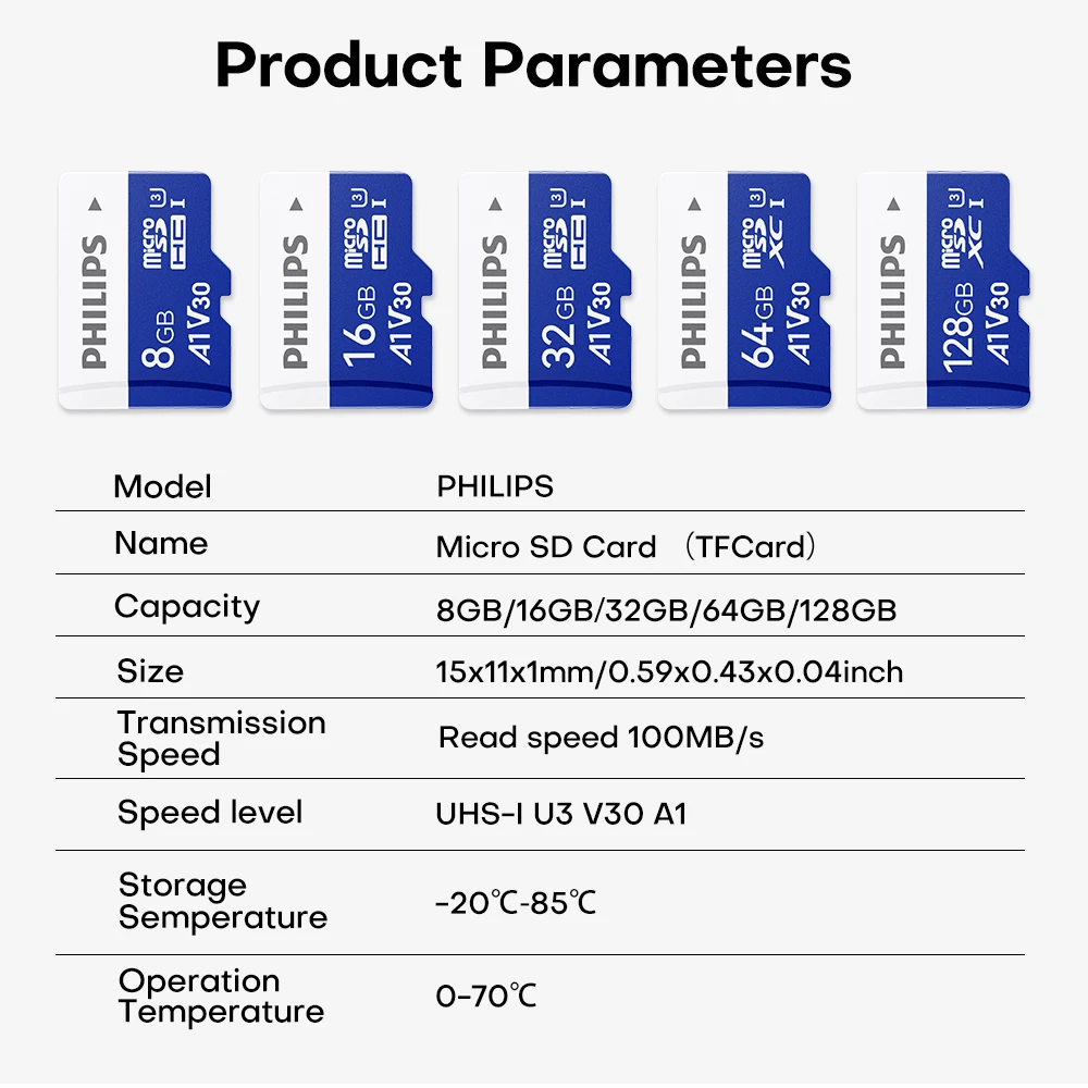 PHILIPS High Quality Memory Card 128GB 64GB Micro SD Cards	100Mb/s High Speed SDXC A1 V30 U3 TF Card For Tachograph Dron Phone