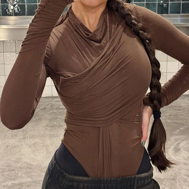 OMSJ Fashion Solid Brown Unregelmäßige Kreuz Falten Design Langarm Abnehmen Sexy Body Einem Stück Strampler Top Casual Streetwear