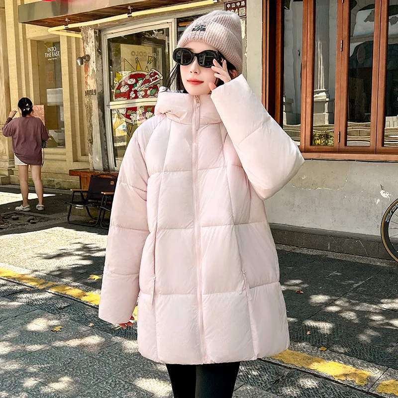 

Puff Blue Medium Long Down Cotton Jacket Women's Parka Coats 2025 Winter New Korean Edition Hooded Thick Warm Fluffy Coat Trend