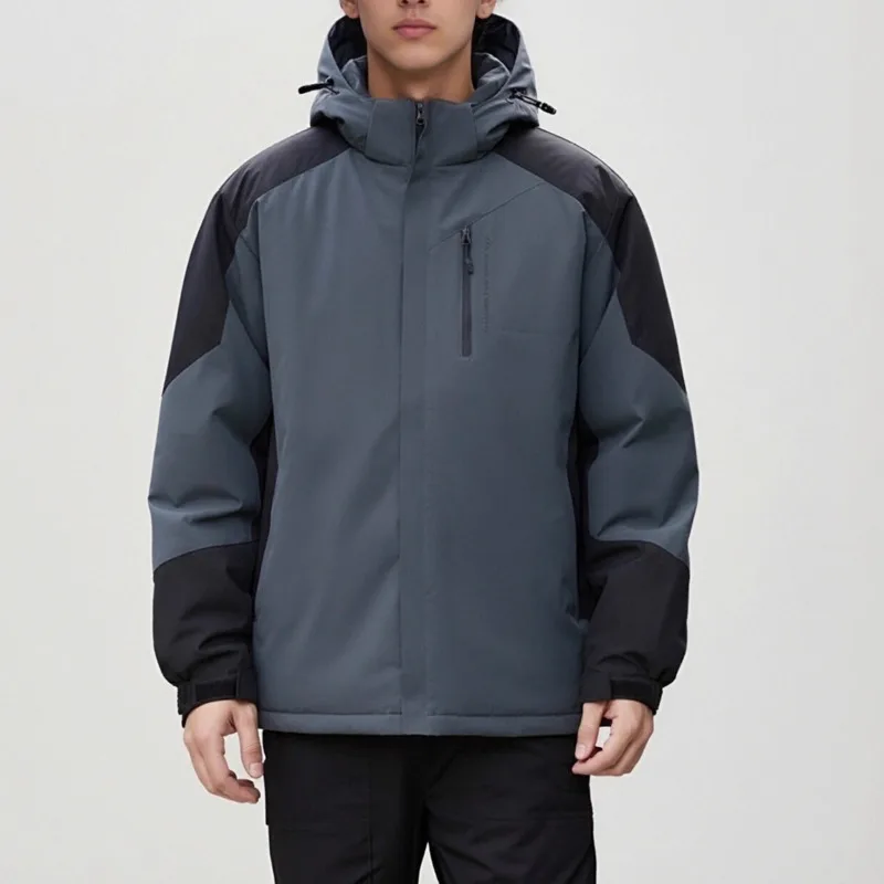 Giacca da uomo in cotone con cappuccio, versatile, spessa, ampia, semplice, con design a blocchi di colore, stile funzionale, giacca di compressione con cappuccio