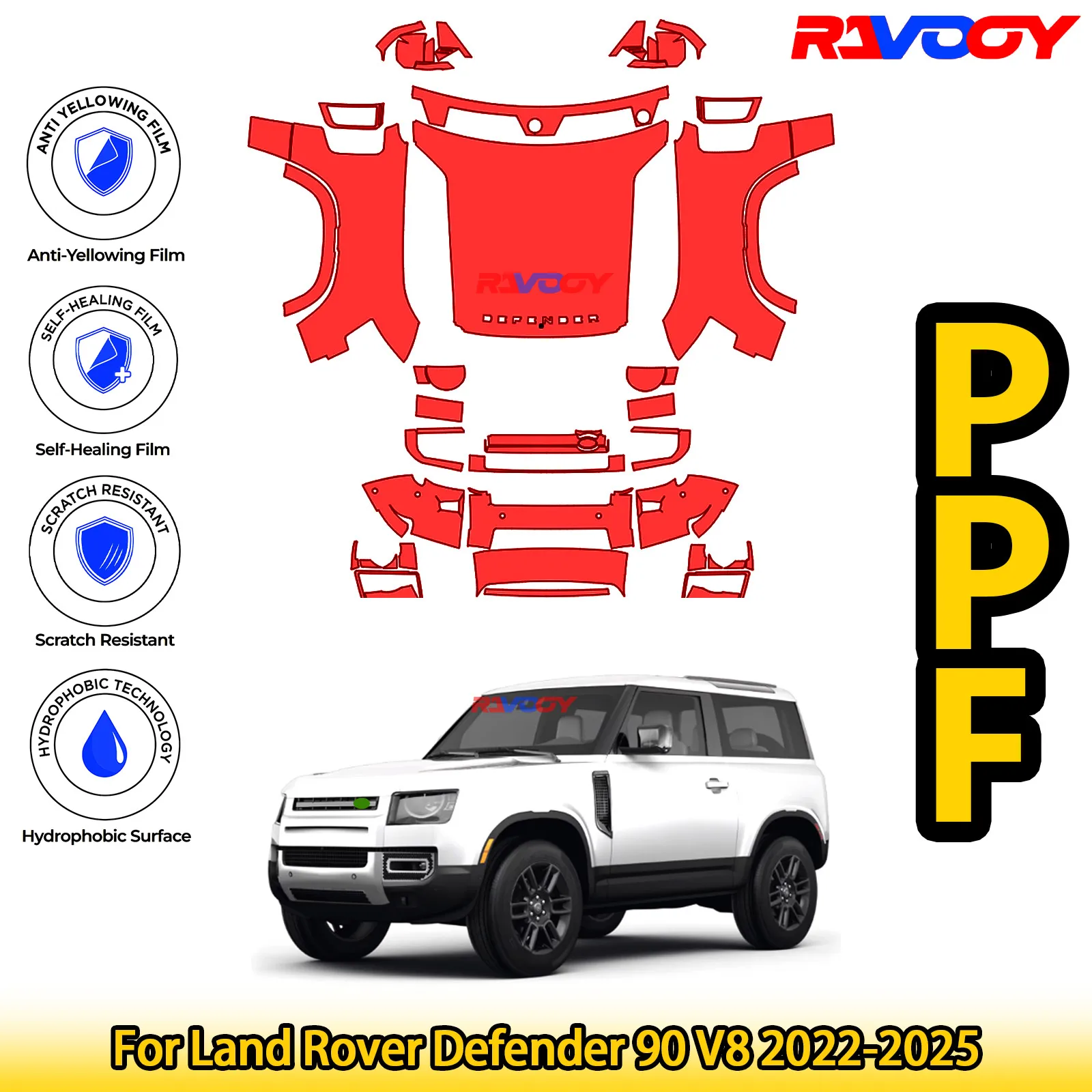 

Для Land Rover Defender 90 V8 2022-2025, глянцевая матовая черная предварительно вырезанная передняя защитная пленка PPF, комплект