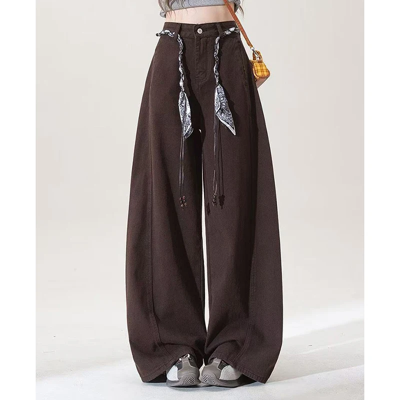 

Американские винтажные джинсы женские с высокой талией, коричневые, свободные, повседневные, в стиле Harajuku Y2K, с широкими штанинами и поясом