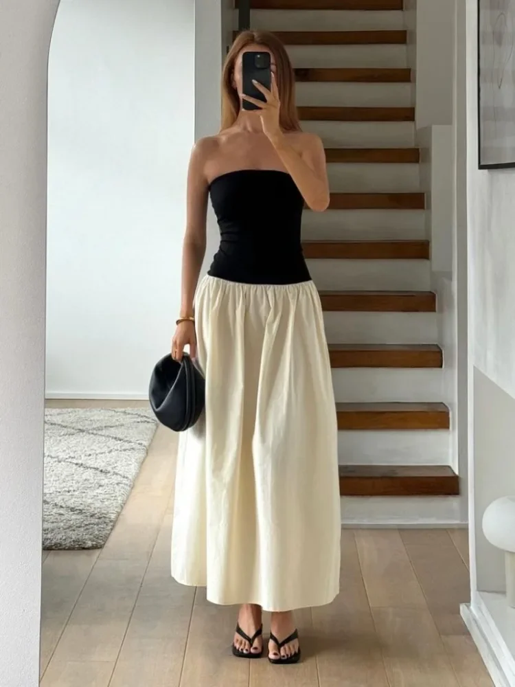 

Patchwork Strapless Sleeveless Dress Women's Contrast Color A-Line High Waist Long Party Dress Fashion Outfits Female New