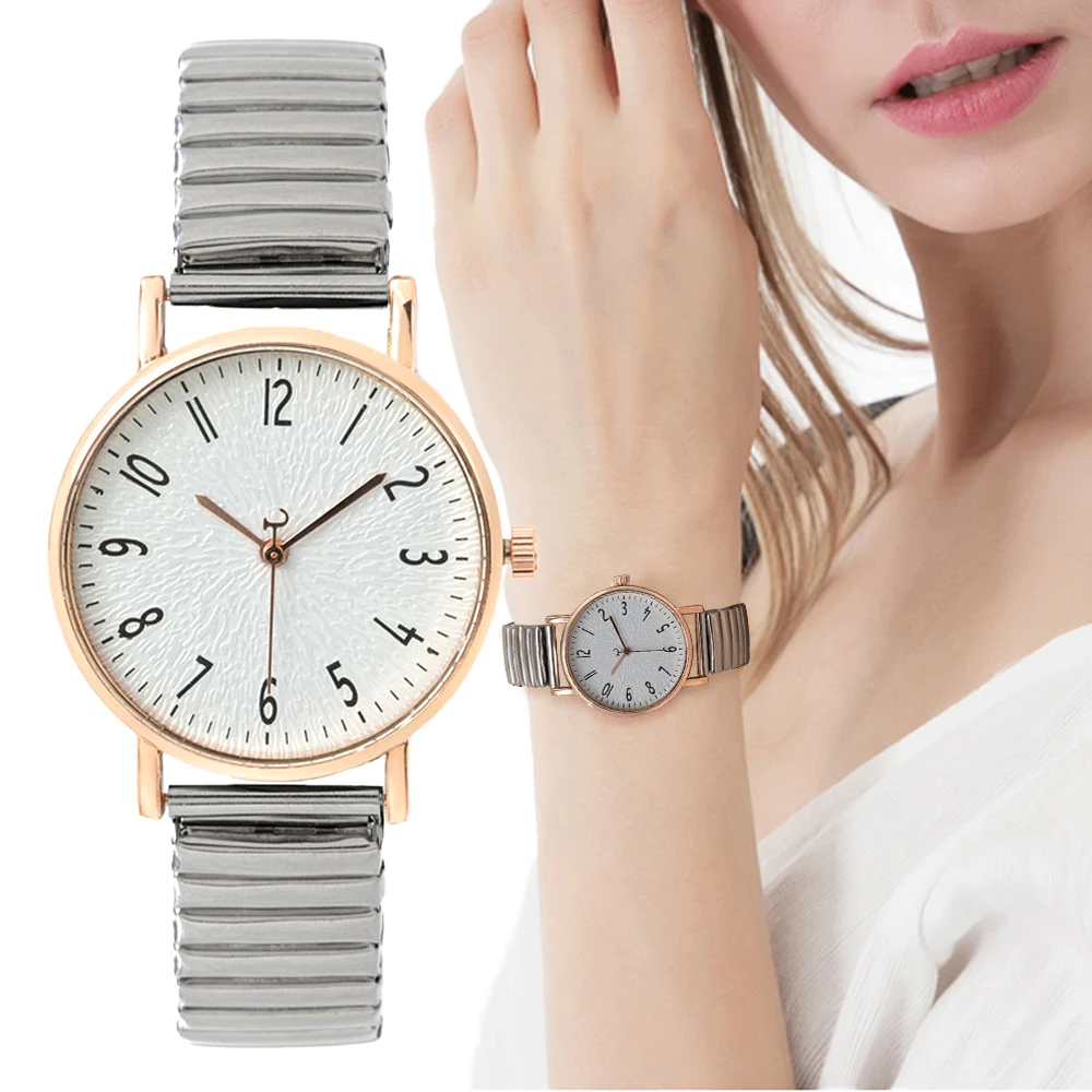 Women\'s Fashion Simple Digital Design Quartz Watch Casual Stainless Steel Stretch Buckleless Strap Ladies Clock Dress Watches