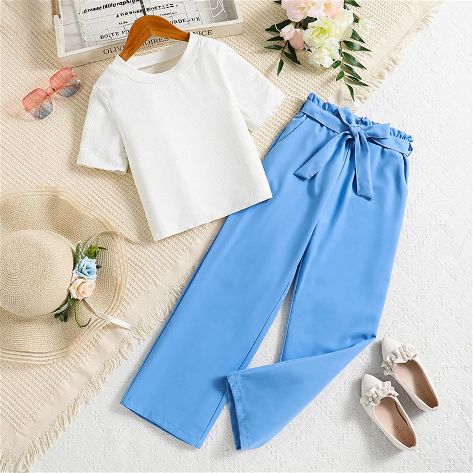 Summer Kids Girls Clothing Sets White Crew Neck Short-Sleeves Top And Blue Pants 2Pcs Suit Children Fashion Daily Wear Outfits