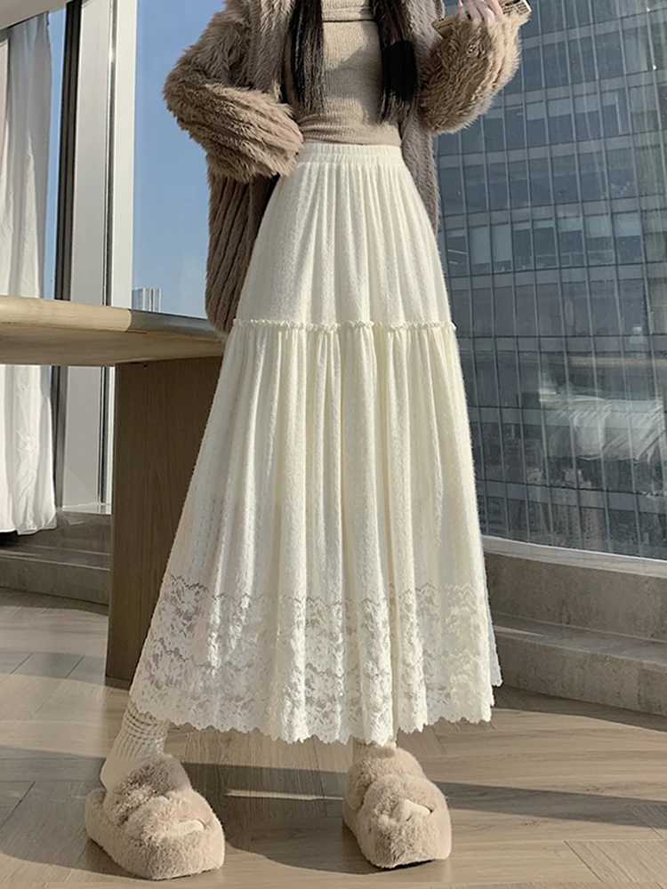 

Новая женская зимняя юбка с высокой талией, кружевная, А-силуэт, длинная, белая, многослойная, универсальная, модная, повседневная, брендовая