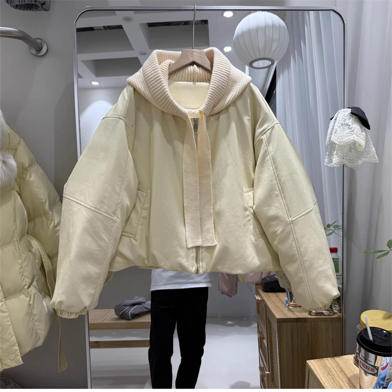 شتاء 2025 المرأة الصوف محبوك المرقعة وشاح بولي Leather الجلود أسفل سترة Y2K جودة عالية موضة عادية سترة قصيرة معطف #2