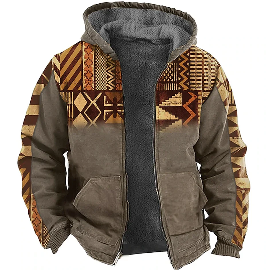 

Winter Men Zip Up Hoodies Long Sleeve Fleece Hood Jackets Traditional Splicing Tribal Graphics Casual Outerwear Sweatshirts