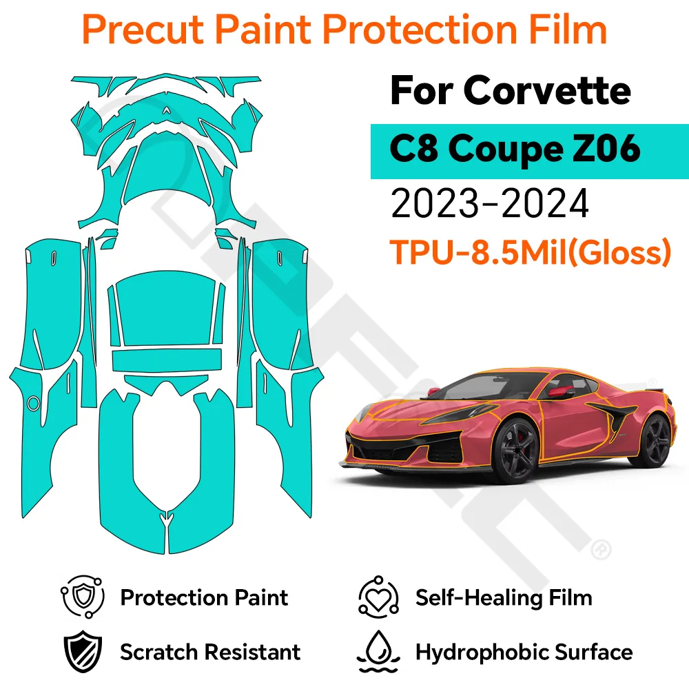 

For Corvette C8 Coupe Z06 2024 8.5Mil Clear TPU Gloss Restoring Car Wrap Scratch Resistant Transparent PPF Film Full Vehicle