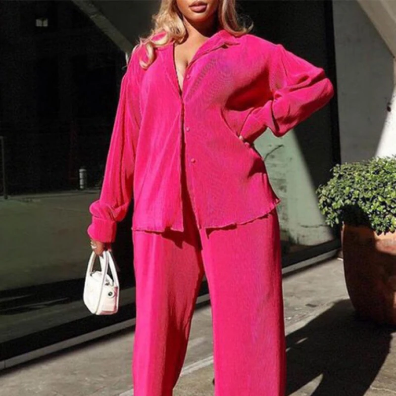 HYRAX Shirt Suit Female New Products Autumn Commute Single Breasting Pleat Wide Leg Trousers Casual Suit Long Sleeve T-shirt