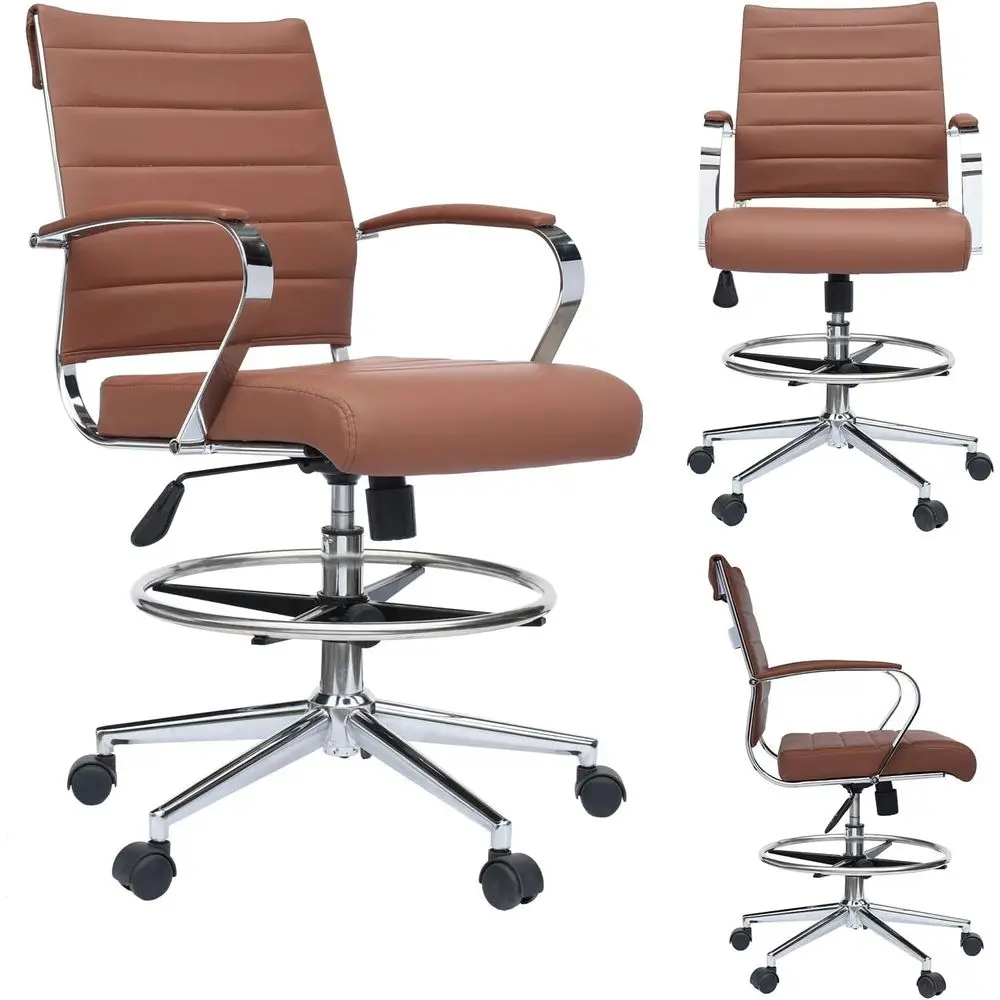 

Upholstered PU Leather Ribbed Back Chair with Adjustable Base, Leg Rest, Padded Seat, Lock, and Swivel | Computer Armchair (Brow