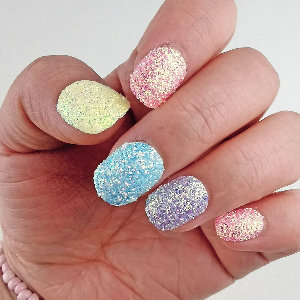 24 Pcs Holographic False Nail Art Tips Pre-glue Sparkling Glitter Kids Press on Nails Short Oval Full Cover Fake Nails for Girl