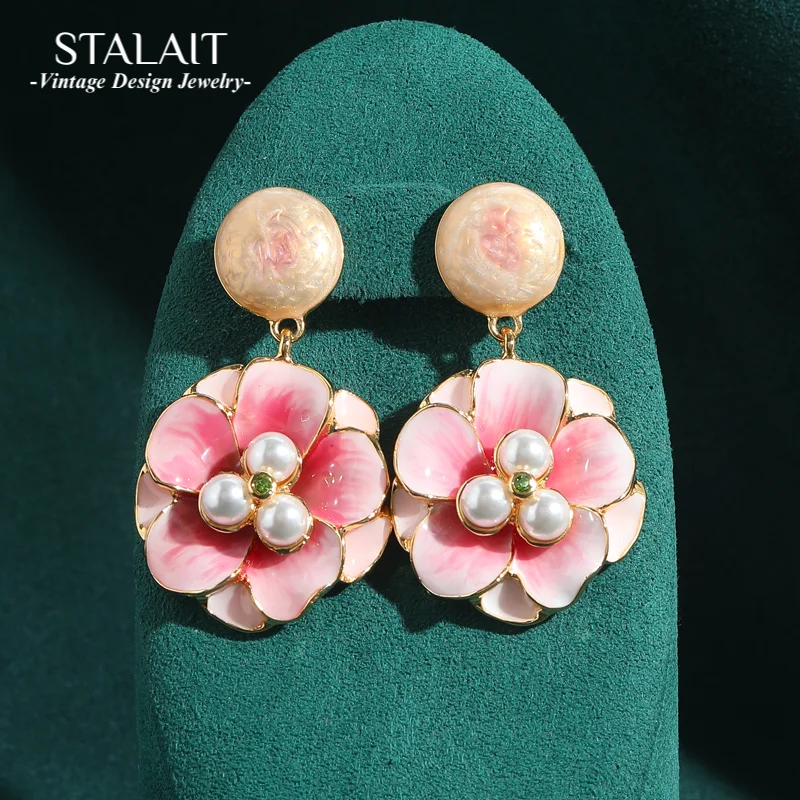

Vintage Pearl Pink Flower Earrings Drop Dangle Natural Gold Color Charm Luxury Quality Jewelry Woman Bohemian Accessories 2025