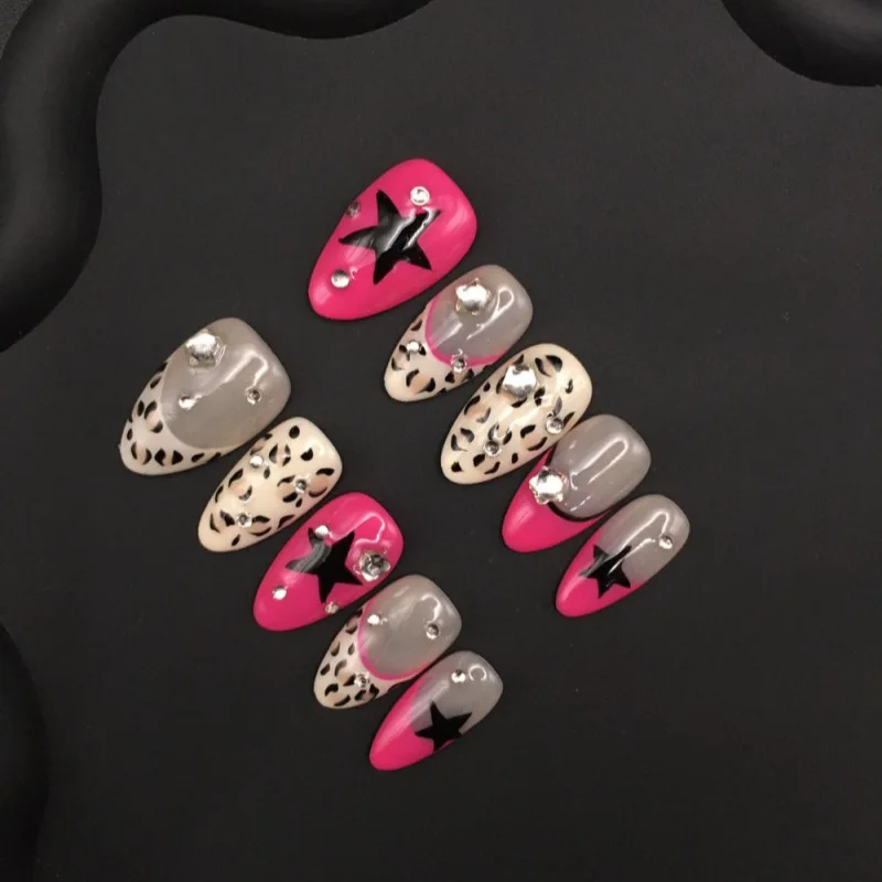 

10pcs Handmade Almond Press On Nails Sweet Cool Leopard Print Crystal Decor False Nails For Spice girls French Fake Nail Tip