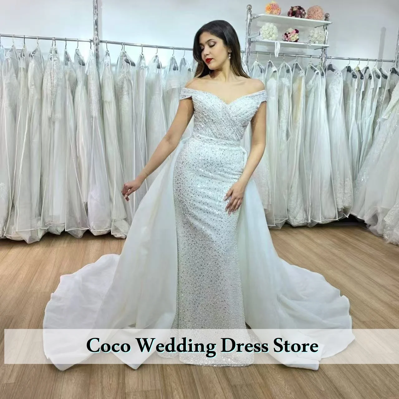 Personalizado lindo africano sexy sereia vestido de casamento para noiva trem destacável pérolas contas vestido de noiva vestidos de novia