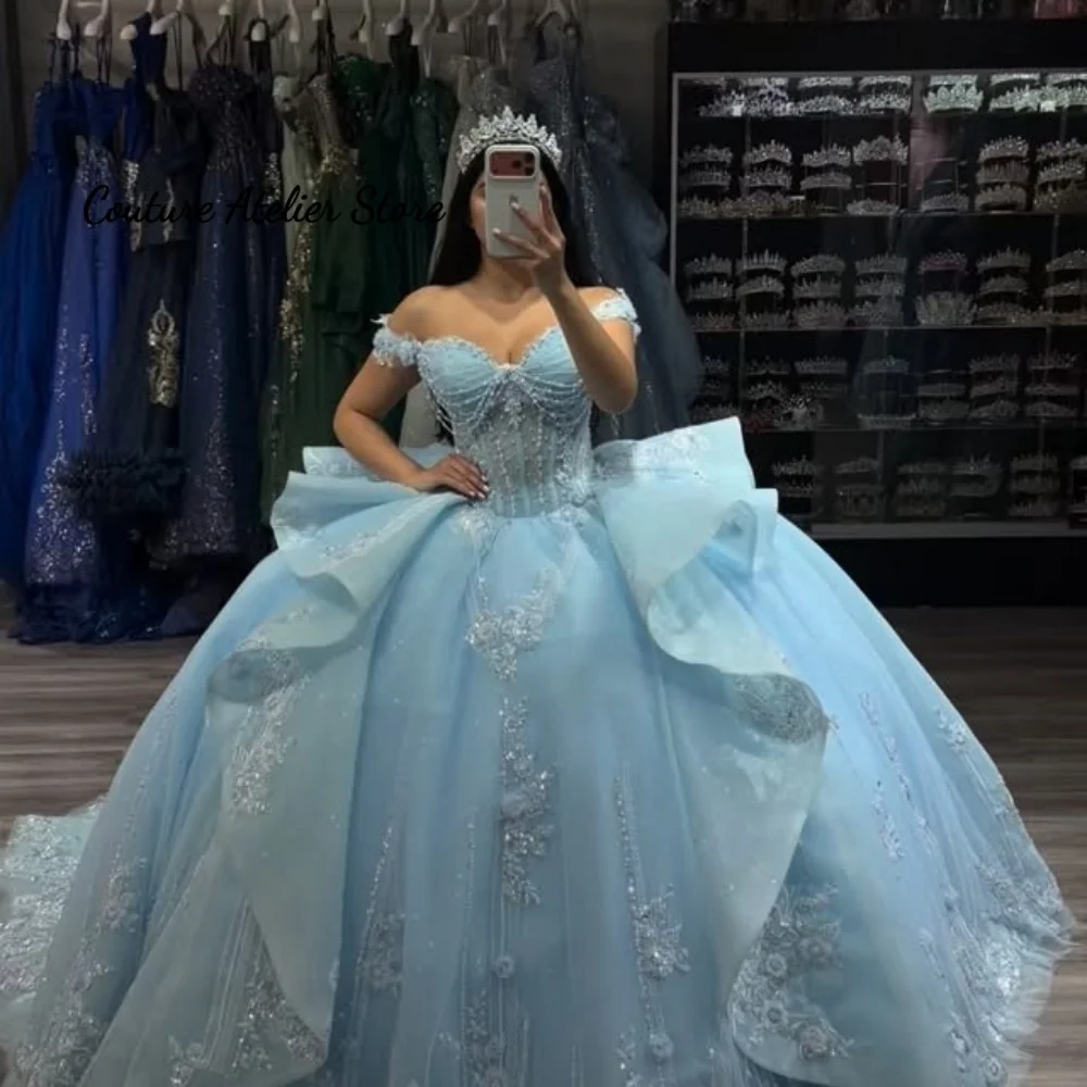 

Роскошные платья для выпускного бала цвета ледяной синевы с открытыми плечами, кружевными аппликациями, длиной в пол, драпированные, Vestidos De 15, на заказ