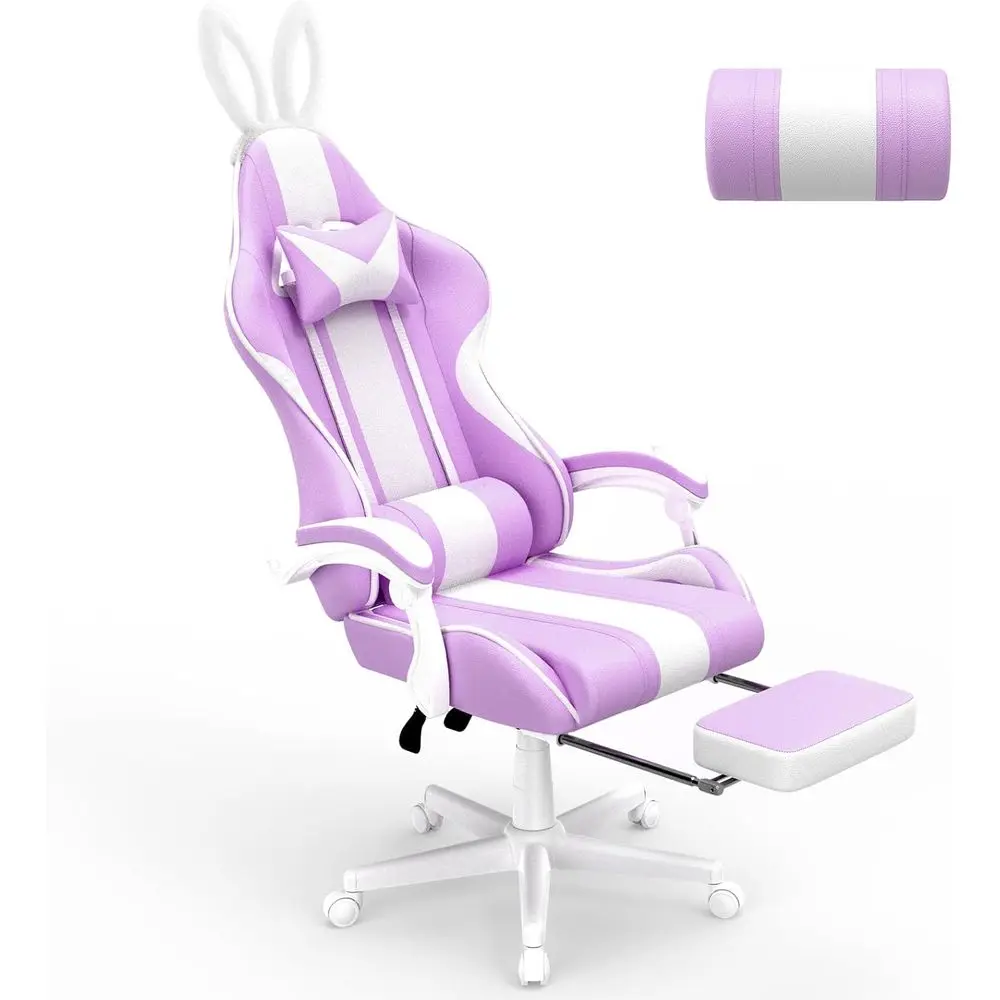 

Игровое кресло Kawaii Light Ple с ушками кролика, эргономичное, милое, с подставкой для ног и массажем, гоночное, откидное, кожаное