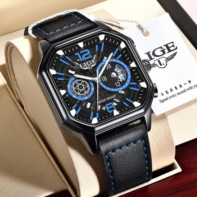 

LIGE New Fashion Square Dial Leather Mens Watches Luxury Sport Waterproof Watch Man Chronograph Quartz WristWatches montre homme