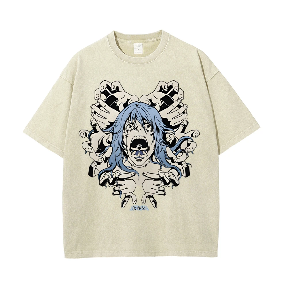 Funny Anime Style American Horror Cartoon Print Women's T-Shirt Unisex Wash Vintage Short Sleeve Crew Neck Loose Fashion Top