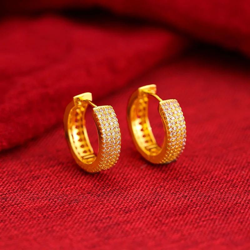 Luxury 24K 9999 Pure Gold real gold Women's Full Diamond Set Diamond Earrings Women's Geometric Round Ear Buckle