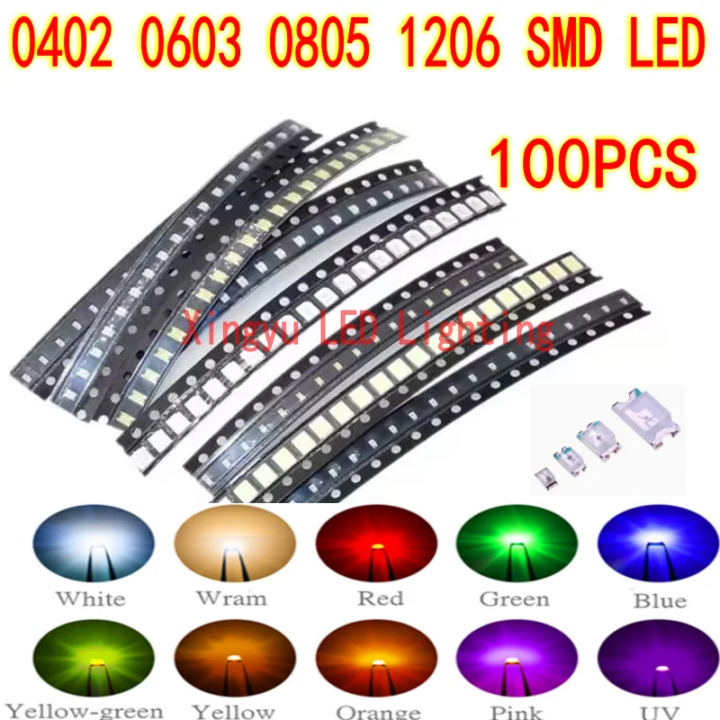 

100 шт./компл. 0402 0603 0805 1206 Smd светодиодный красный, желтый, зеленый, белый, синий, оранжевый светодиод, прозрачный светодиодный комплект