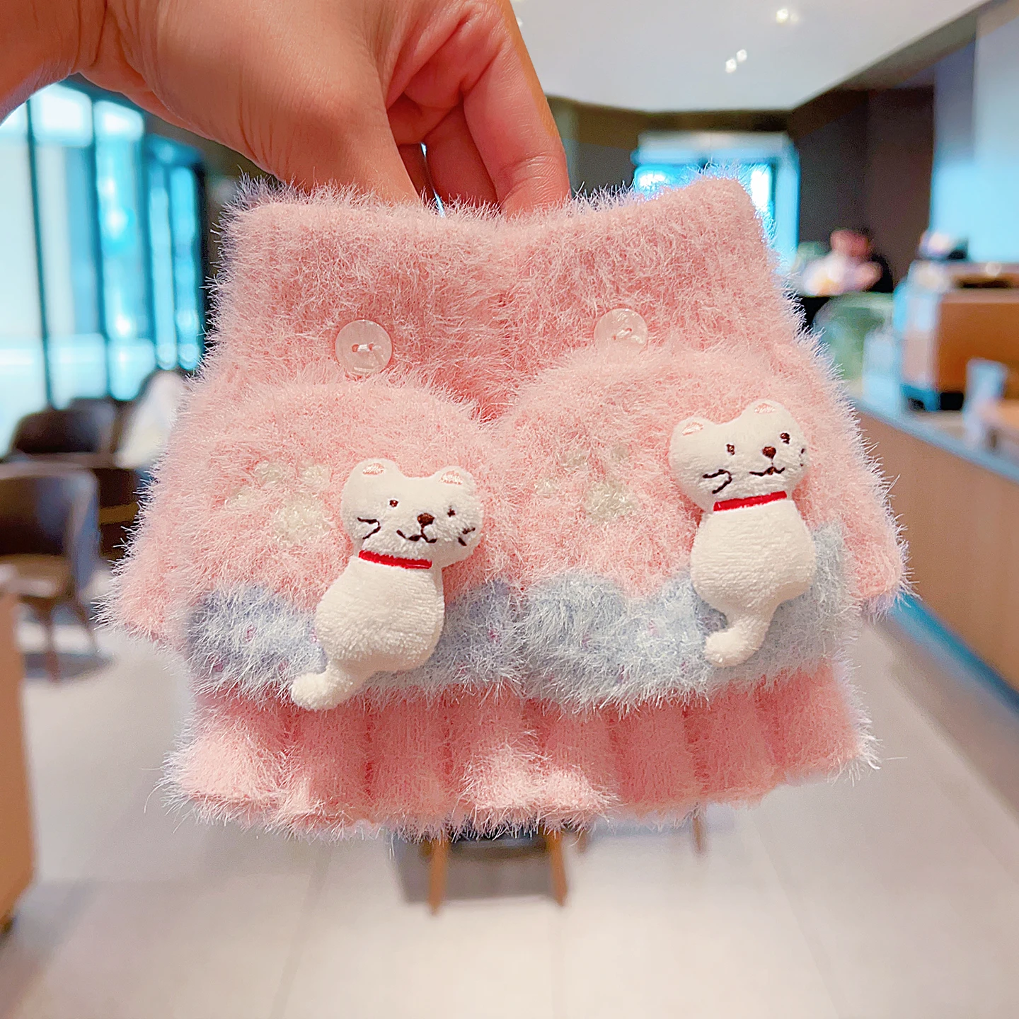 4-7Y Girls Winter 2 in 1 Convertible Flip Gloves Cute 3D Cat Decor Knitted Plush Gloves Kids Paw Print Windproof Thermal Mittens