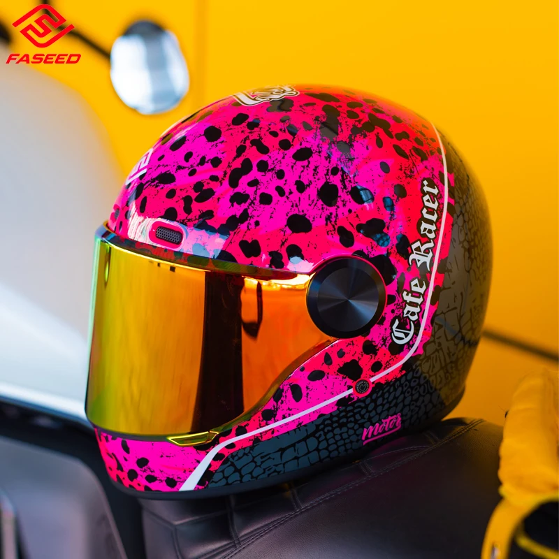 Italy FASEED Motorcycle helmets ECE DOT Certification Retro Full face Leopard print helmet Color lens Capacetes Cascos para moto