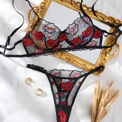 Hot Sexy Red Lip Embroidery Lingerie Set for Women Contrast Color Underwear Bra Female Sweet Transparent Bra Exotic Apparel Suit
