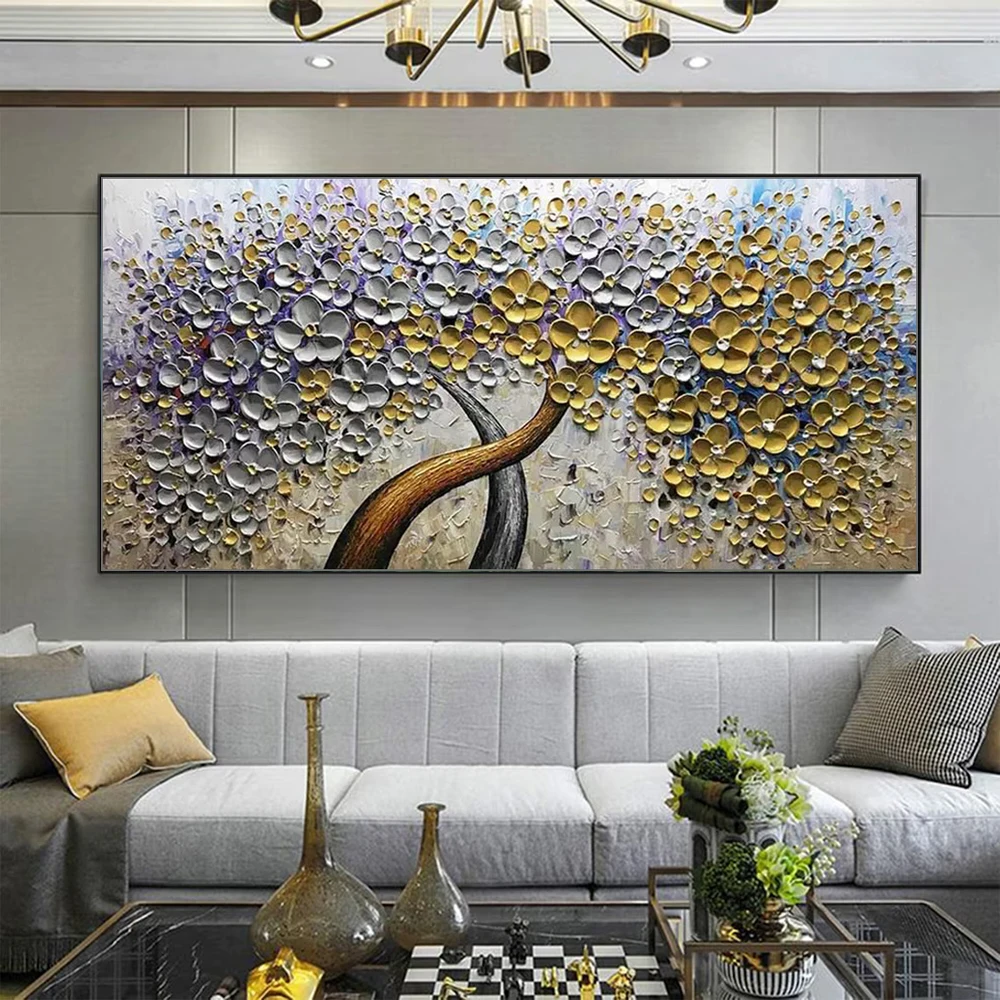 Hand painted printed canvas golden fortune tree oil painting handmade palette knife landscape still life flower living room