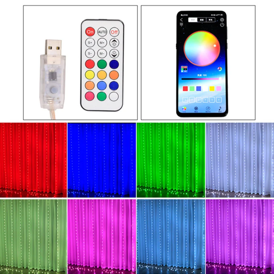 3X3M Christmas Decor LED Curtain Light Color Changing Smart RGB Window String Lights Bluetooth App Rainbow Curtain Fairy Lights
