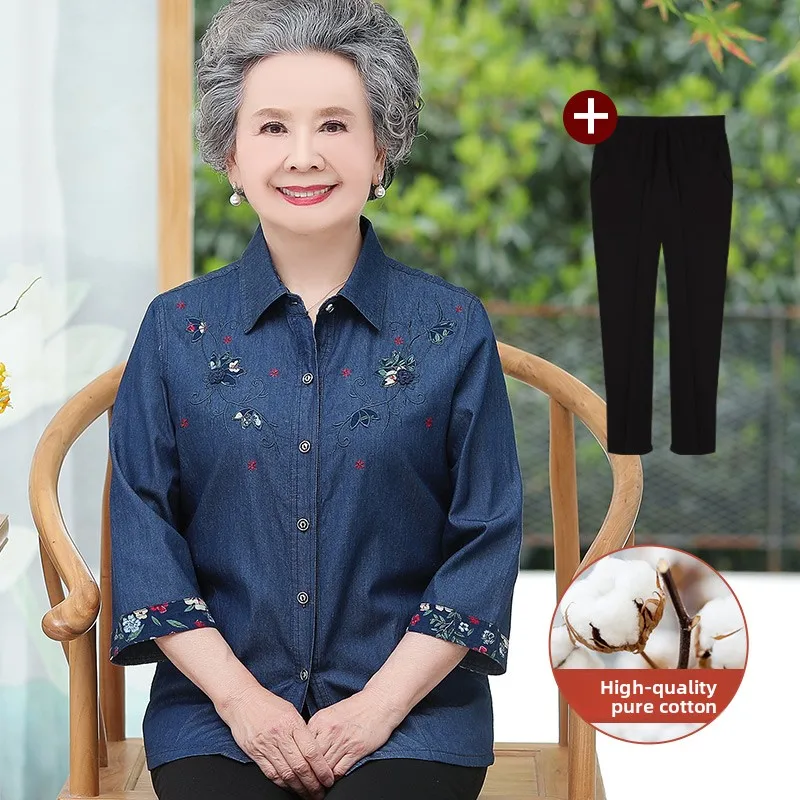 

Old Lady Cotton Denim irt Spring Autumn Wear Casual Loose Fit Collar Seven Sve Bird Flower Pattern Single Button