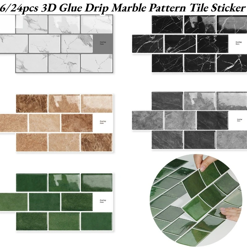 3D Glue Drip Marble Pattern Tile Sticker Self-adhesive Waterproof Mildew Resistant Wall Sticker for Kitchen Bathroom Decoration
