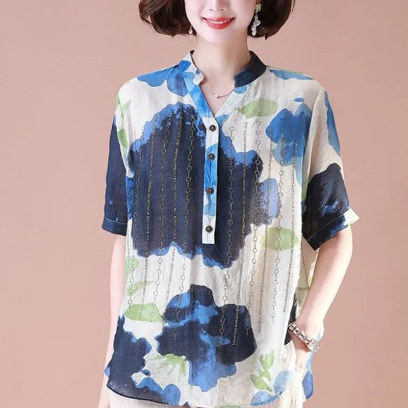 Vintage Ethnic Style Summer Women's V-Neck Printed Stand Collar Diamonds Single Breasted Fashion Loose Casual Shirts Tops