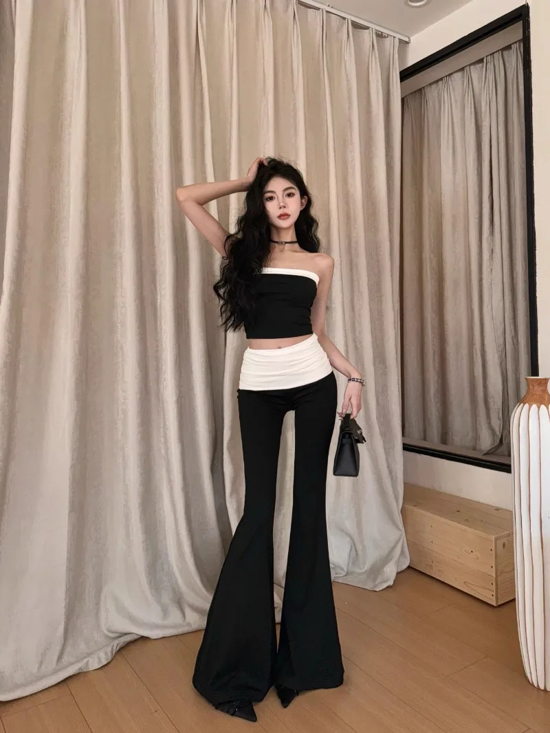 

Hot Girls Casual Suit Women's Summer Black and White Contrast Strapless Top Vest High-waisted Flared Pants Fashion Two-piece Set
